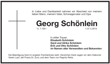 Traueranzeige von Georg Schönlein von Pegnitz-Zeitung